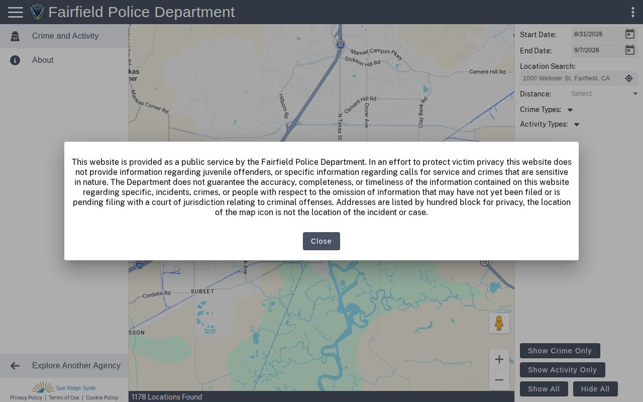 Fairfield Citizen RIMS public police search interface