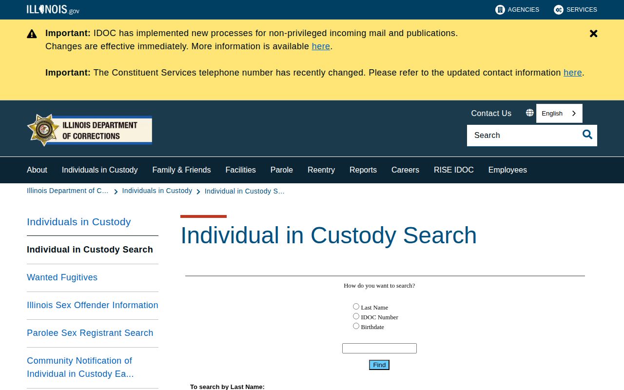 Illinois Department of Corrections custody search form